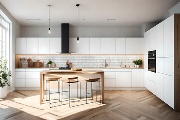 Step into the modern Nordic kitchen of a loft apartment through this stunning 3D rendering. Ai generated