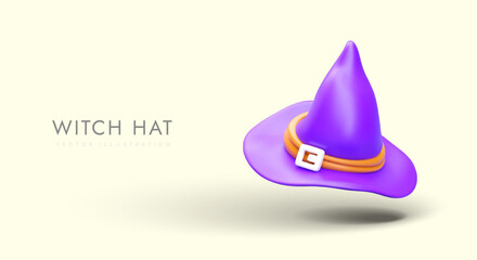 Fototapeta premium Realistic purple witch hat. Pointed hat with buckle. Accessories for costume party, Halloween, masquerade, cosplay. Concept for carnival clothing store