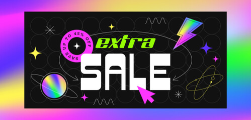 Retro vaporwave sale horizontal banner with graphic elements and stickers. Social media post with gradient background. Trendy business design template. Vintage store discount or online promotion.