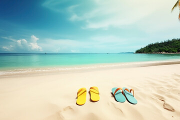 Slippers on the beach. Summer vacation background. Ai generated