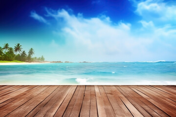 Fototapeta premium Top of wood table with seascape. Vacation background. Ai generated