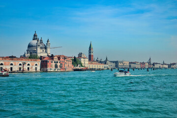 Fototapeta na wymiar View of the Venetian Lagoon and active ship navigation on it, Venice, Italy.