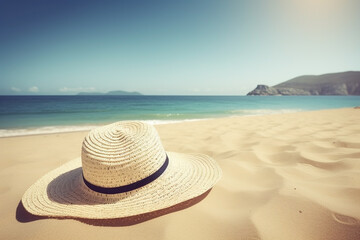 Fototapeta na wymiar Straw hat on the beach close-up, summer background. Ai generated