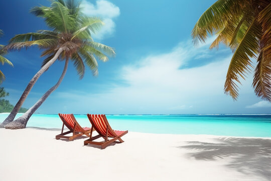 Sun loungers on the beach, summer vacation background. Ai generated