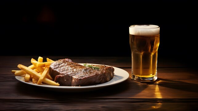 Beer glass with steak and french fries on dark background