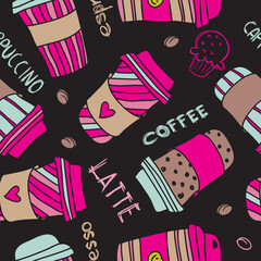 Abstract seamless pattern with cups of coffee, latte, cappuccino, grains of coffee and cupcakes. Pattern for textiles, fabrics, clothes, backpacks, web, bed linen, wrapping paper.
