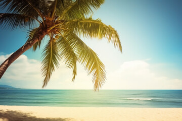 Obraz na płótnie Canvas Sun lounger with umbrella on the beach, summer vacation background. Ai generated