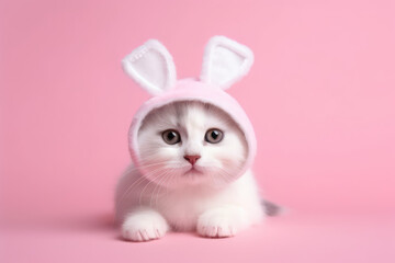 Small cute white fluffy kitten in funny bunny hat with ears isolated on flat pink studio background with copy space. Generative AI professional photo imitation.