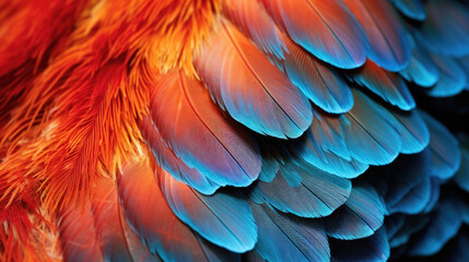 Fototapeta na wymiar Abstract feather background. Colorful bird feathers close up. Exotic natural textured backdrop.