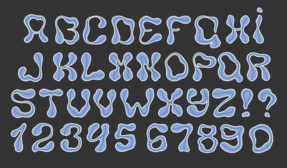 Psychedelic alphabet, numbers, and symbols. Set of funky letters. Vector.
