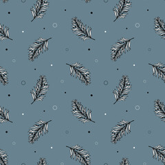 Floral seamless linear pattern. Natural pattern. Monochrome branches of tropical plants with berries.