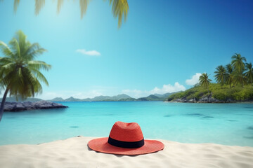 Fototapeta na wymiar Straw hat on the beach close-up, summer background. Ai generated