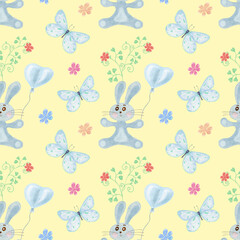 Watercolor pattern with Rabbit. Seamless Children's Pattern with Blue Rabbit and Butterfly in flowers. Design for textiles, wrapping and wallpaper.