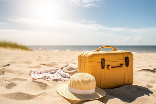 Straw hat and suitcase summer vacation background. Ai generated
