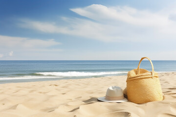 Hat with straw bag on the beach, summer vacation background. Ai generated