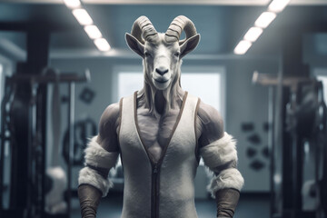 Fototapeta na wymiar fit Goat standing at the gym, Fit and Fabulous, Gym-Ready Goat Strikes a Pose, generative AI