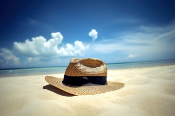 Straw hat on the beach close-up, summer background. Ai generated