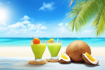 Fototapeta na wymiar Tropical fruits and glasses with juice cocktails on the beach. Summer background. Ai generated