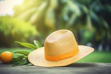 Straw hat on the background of nature. Ai generated