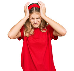 Obraz na płótnie Canvas Beautiful young caucasian girl wearing casual red t shirt suffering from headache desperate and stressed because pain and migraine. hands on head.