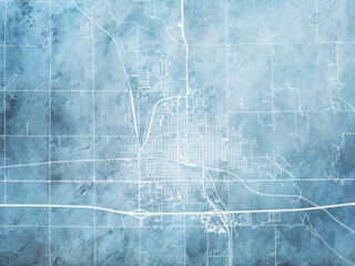 Illustration of a map of the city of  Mitchell South Dakota in the United States of America with white roads on a icy blue frozen background.
