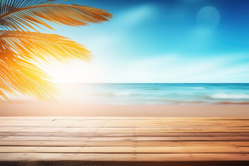 Fototapeta na wymiar Desk of free space and summer beach landscape. Vacation background. Ai generated