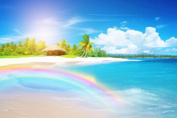 Fototapeta na wymiar Summer beach landscape with rainbow. Vacation background. Ai generated