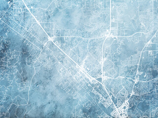 Illustration of a map of the city of  Murrieta California in the United States of America with white roads on a icy blue frozen background.