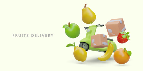 Fruit delivery. Careful transportation of delicate goods. Courier services. Advertising poster with 3D electric scooter, boxes, different fruits. Template for grocery stores, suppliers, farmers