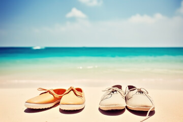 Obraz premium Shoes on the beach. Summer vacation background. Ai generated