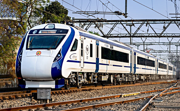 Pune, Maharashtra, India-February 2nd, 2023: India's first indigenous development semi high speed Vande Bharat , also known as train 18.express on trial run.