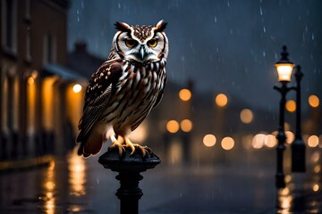 On a rainy dusk, an owl perches gracefully on an old street lamp. The lamp emits a warm glow, casting a soft light on the surrounding area. Ai generated