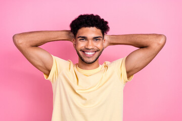 Photo portrait cheerful man hold arms behind head beaming smiling resting saturday wear shirt isolated pink color background