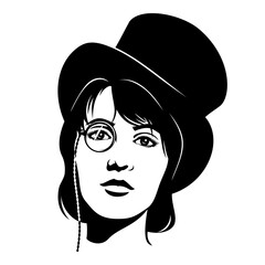 Woman Face Silhouette.Black and white portrait of girl in top hat with monocle. Vector clipart isolated on white.