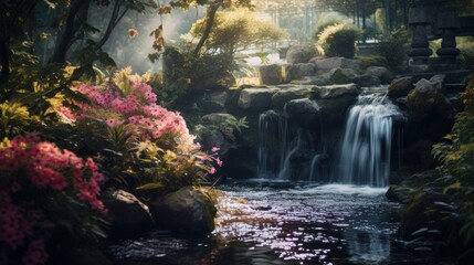 Fototapeta na wymiar A quiet garden with a beautiful waterfall. Lush greenery and blooming flowers. Generative AI