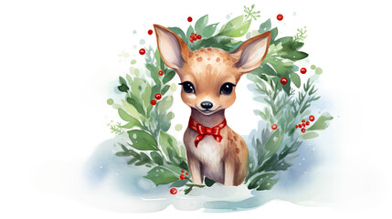 Gouache painting cute little deer , card illustration , new year design , generative ai