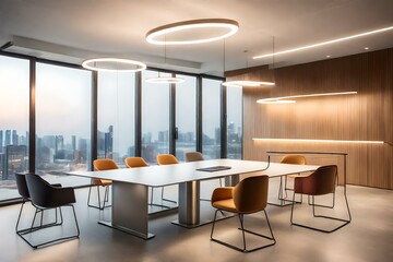 Fototapeta premium Step into a contemporary loft office bathed in natural light, where sleek lines and minimalist design create a harmonious and inspiring workspace.Ai generated