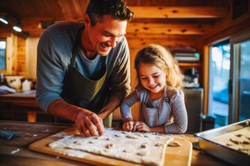 Father baking with daughter. Family relationships. Father having fun with daughter, baking cookies in kitchen. Generative AI