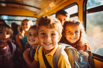 Multiethnic children on school bus. Young kids driving to school with friends on school bus. Learning and school concept. Generative AI