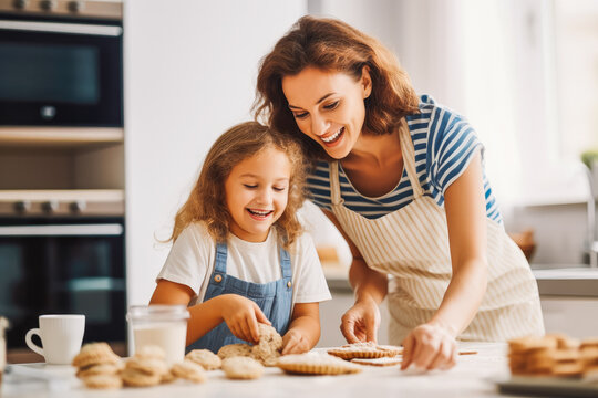 Mother baking with child. Family relationships.Mother having fun with daughter, baking cookies in kitchen. Generative AI