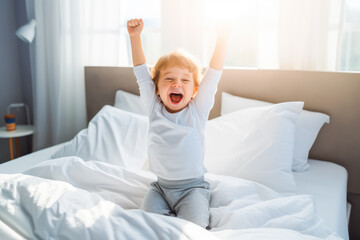 Child waking up and stretching in bed. Happy positive child waking up from sleep. Generative AI