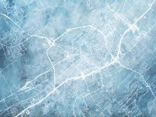 Illustration of a map of the city of  New Braunfels Texas in the United States of America with white roads on a icy blue frozen background.