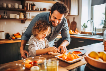 Father making breakfast for kids. Father and daughter smiling, making breakfast together. Generative AI