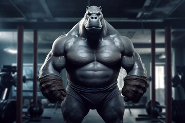 Fototapeta na wymiar fit Hippopotamus standing at the gym, Hip Gym, Strong and Mighty Hippopotamus at the Fitness Studio, generative AI
