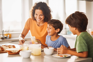 Mother making breakfast for kids. Mother and son smiling, making breakfast together. Generative AI