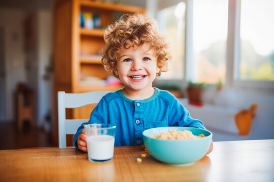 happy little boy eating breakfast. Healthy breakfast in the morning. Child eating breakfast. Generative AI