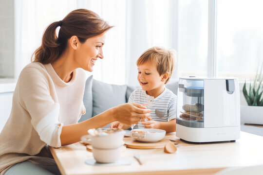 Mother making breakfast for kids. Mother and son smiling, making breakfast together. Generative AI