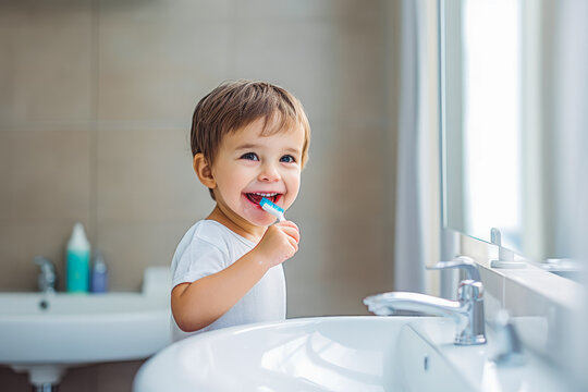 Child brushing teeth in bathroom. Generative AI