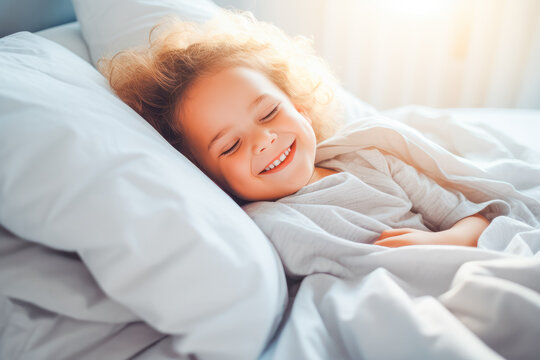 Happy child waking up from sleep in bed. Generative AI