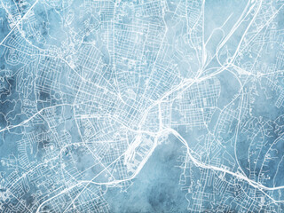 Illustration of a map of the city of  New Haven Connecticut in the United States of America with white roads on a icy blue frozen background.